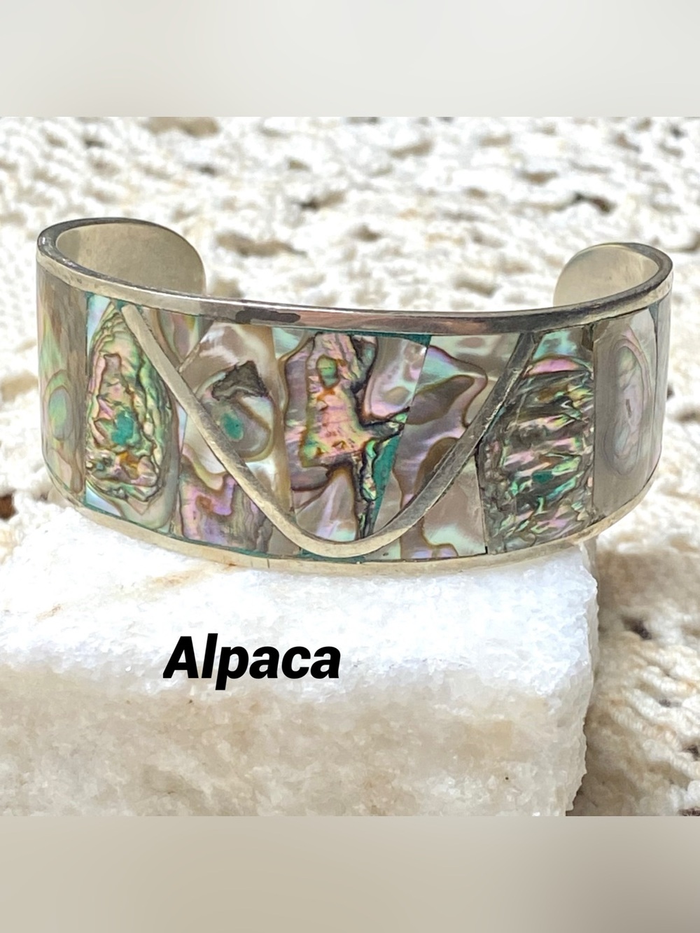 Vintage Mexico Alpaca Silver Abalone Shell Cuff Bracelet